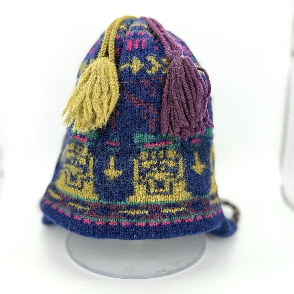VTG Andean Wool Earflap Tassel Beanie Fleece Lined Alpaca Style Knit Hat Multico